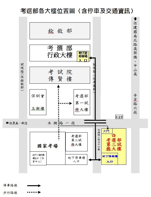考選部行政大樓，試院路1-1號；第一試務大樓，試院路1號；第二試務大樓，木柵路1段74號；第三試務大樓，木柵路一段78號；國家考場，木柵路1段72號