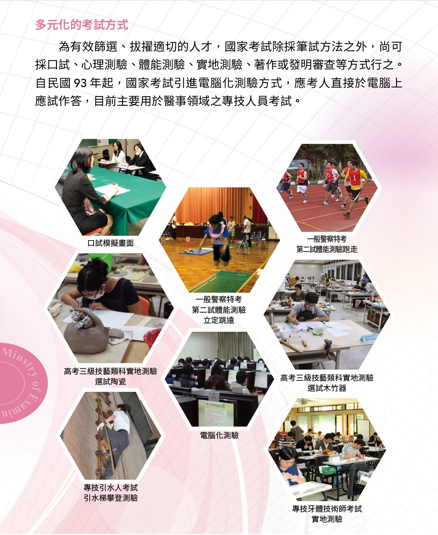為有效篩選、拔擢適切的人才，國家考試除採筆試之外，尚可採口試、體能測驗、實地測驗、著作或發明審查等方式行之